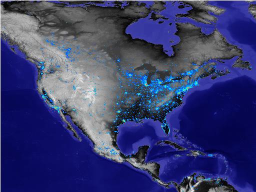 Lights at night over North America as seen from space.