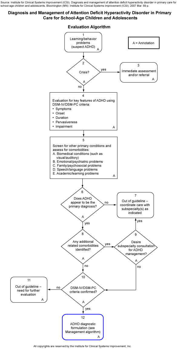 Diagnosis and Management of Attention Deficit Hyperactivity Disorder in Primary Care for School-Age Children and Adolescents. Evaluation Algorithm.