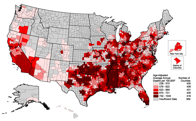 Heart Disease Death Rates for 1996 through 2000 for blacks Aged 35 Years and Older by County. The map shows that concentrations of counties with the highest heart disease rates - meaning the top quintile - are located primarily the Mississippi Delta region along with north-central Texas and much of Oklahoma.