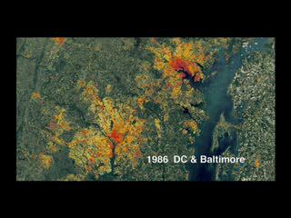 The animation is using Landsat data (from 1986, 1990, 1996, and 2000) of the Washington-Baltimore area, however a special algorithm has been applied to it to illuminate the changes in low-density residential land use which exemplify sprawl.