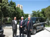 (From left) USAID Deputy Assistant Administrator Thomas Fleetwood Mefford stands with the Mayor of Blagoevgrad Lazar Prichkapov and the Director of Nachala Petar Anraudov in front of one of Nachala's newly-outfitted 'mobile branches'
