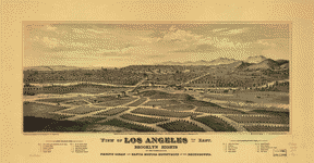 View of Los Angeles from the east. Brooklyn Hights in the foreground; Pacific Ocean and Santa Monica Mountains in the background. Drawn by E. S. Glover. A.L. Bancroft & Co., lith.
