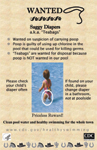 Wanted: Saggy diapers, change your child's diapers before entering pool. Poster shows young child with diaper hanging out of swimsuit.