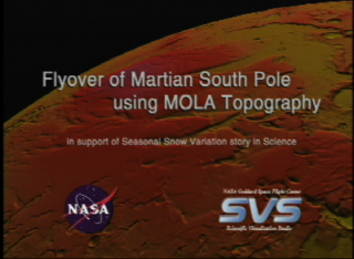 Slate title from video tape reads, 'Flyover of Martian South Pole Using MOLA Topography.  Done in support of Seasonal Snow Variation story in Science.'