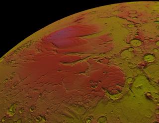 Topography of the south pole of Mars shown colored by elevation