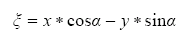 The equation reads xi is equal to lowercase X times cosine alpha minus lowercase Y times sine alpha.