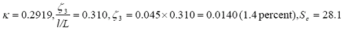 The equation reads kappa equals 0.2919, and zeta subscript 3 divided by the quantity lowercase L over L equals 0.310, and zeta subscript 3 equals 0.045 times 0.310 with the result of 0.0140 or 1.4 percent, and S subscript lowercase c equals 28.1.