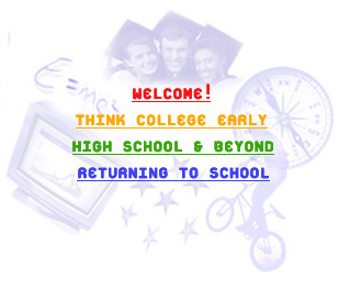 Backgound image of items associated with school which links to other sections of the Think College site