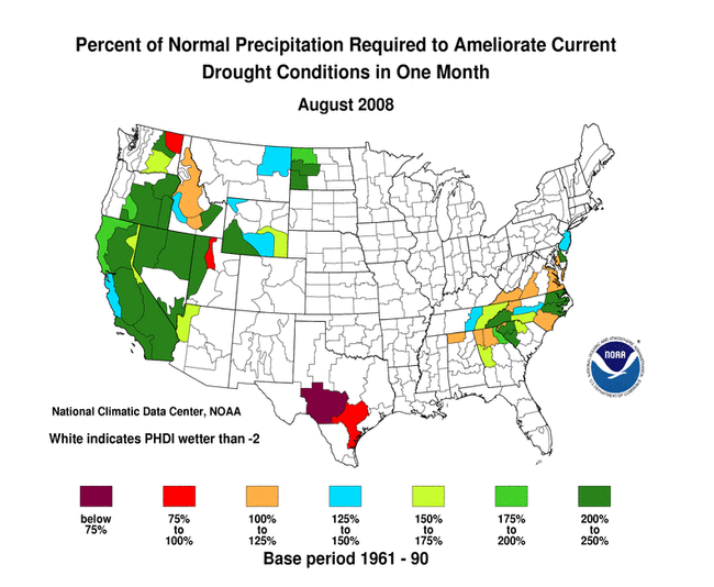 map of percent of normal precipitation required to ameliorate drought in 1 month