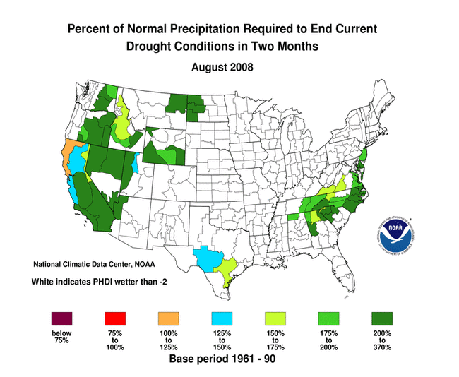 map of percent of normal precipitation required to end drought in 2 months