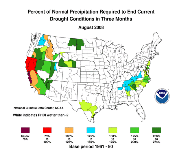 map of percent of normal precipitation required to end drought in 3 months