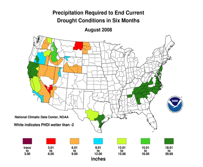 map of precipitation needed to end drought in 6 months