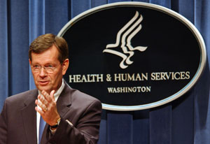 HHS Secretary Mike Leavitt answers questions at the HHS FY 2006 Budget roll out. HHS Photo by Chris Smith.