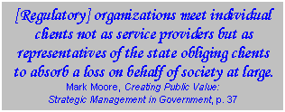Text Box: [Regulatory] organizations meet individual clients not as service providers but as representatives of the state obliging clients to absorb a loss on behalf of society at large.  Mark Moore, Creating Public Value:  Strategic Management in Government, p. 37  