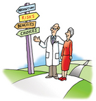 Doctor and patient discussing treatment options under signpost. - Click to enlarge in new window.