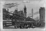 New York City. The development of rapid transit. The first train on the Gilbert elevated railroad passing through Sixth Avenue ... April 29th