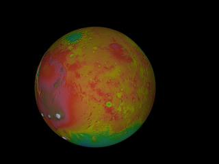 A slow zoom to the surface of the south pole of mars and a flyover of the polar cap showing the topography colored by elevation