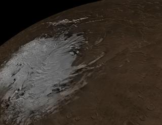An overhead view of the south pole of Mars shown in true color