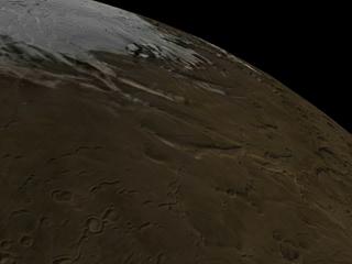 A flyover and slow zoom out from the surface of the south pole of mars showing the topography in true color