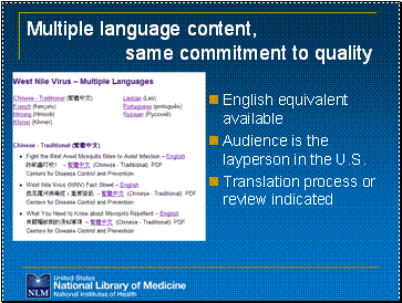 Multiple language content,                    same commitment to quality English equivalent available Audience is the layperson in the U.S. Translation process or review indicated  Image:  MedlinePlus West Nile Virus multiple languages page