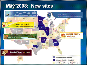 May 2008: New sites! Images of new sites added in past year:  My Health Minnesota - Go Local  Iowa - Go Local Health - E Illinois ARHealthLINK - Arkansas Go Local Heart of Texas - Go Local Georgia Health - Go Local