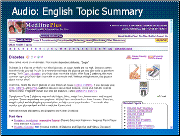 Audio: English Topic Summary Image of MedlinePlus health topic page with future “audio” button on the page.