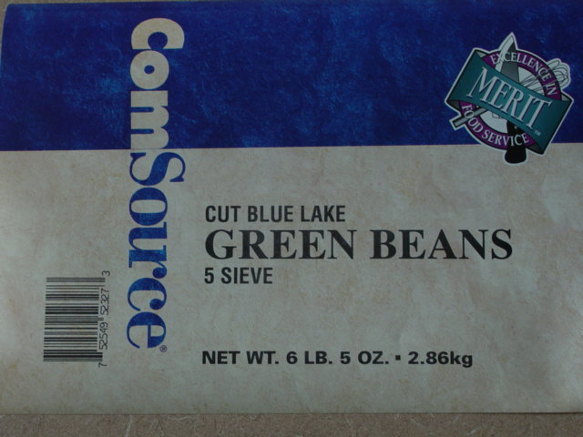 label from ComSource Merit Excellence Food Service brand Cut Blue Lake green beans, 5 sieve