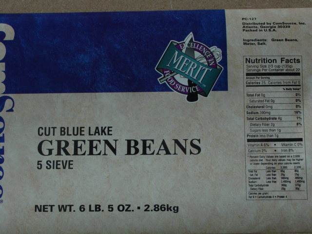 label from ComSource Merit Excellence Food Service brand Cut Blue Lake green beans, 5 sieve