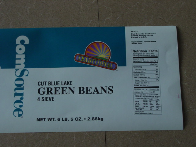 ComSource Traditional brand, distributed by ComSource, Atlanta, GA Cut Blue Lake green beans, 4 sieve