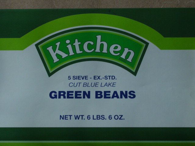 label from Kitchen brand, distributed by Potato Products, Detroit, MI,  5 sieve- EX.-STD. cut Blue Lake green beans