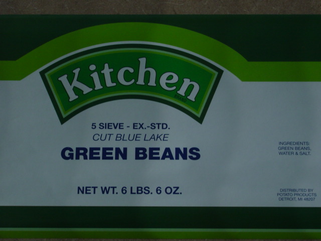 label from Kitchen brand, distributed by Potato Products, Detroit, MI,  5 sieve- EX.-STD. cut Blue Lake green beans 