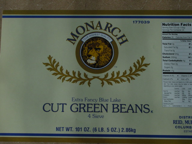label from Monarch brand, distributed by Reid, Murdoch & Co., Columbia, MD, Extra Fancy Blue Lake cut green beans, 4 sieve