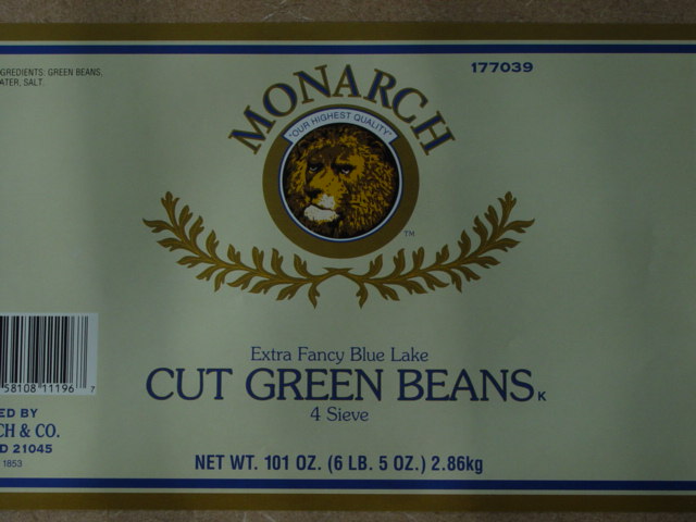 label from Monarch brand, distributed by Reid, Murdoch & Co., Columbia, MD, Extra Fancy Blue Lake cut green beans, 4 sieve