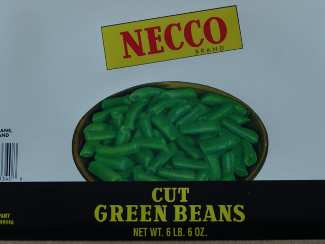 label from Necco brand, packed by New Era Canning Co., New Era, MI, Cut green beans 