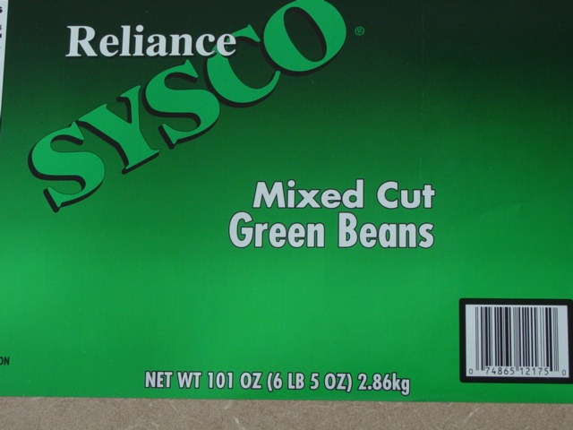 label from Reliance Sysco, distributed by Sysco Corporation, Houston, TX, Mixed cut green beans