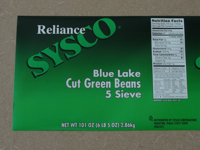 label from Reliance Sysco, distributed by Sysco Corporation, Houston, TX, Blue Lake cut green beans, 5 sieve