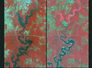 A side-by-side image of Marylands Liberty Reservoir comparing July, 1997 and July, 1999, from Landsat imagery