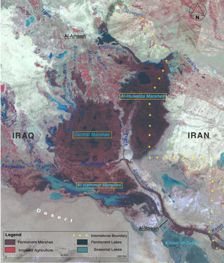 Landsat image in 1973 with the rivers, marshes, and countries labeled