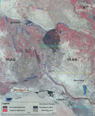 Landsat image in 2000 with the damns, dikes, rivers, marshes, and countries labeled