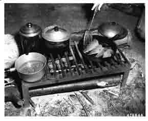 Frying trout over campfire grill.