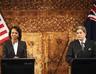Secretary Rice and New Zealand\'s Foreign Minister Winston Peters during a press conference at Government House, Auckland, New Zealand, July 26, 2008. ©AP Images.