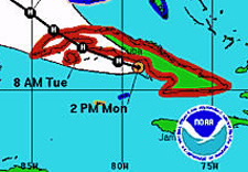 NOAA map of Cuba and projected track of Hurricane Ike.  Click for larger image.