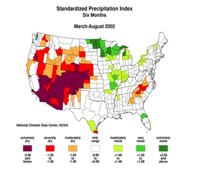 Click here for map showing 6-month Standardized Precipitation Index, Mar-Aug 2002
