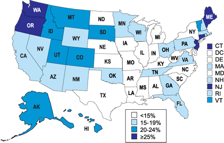 Percent of Children Breastfed at 12 Months of Age by State among Children Born in 2000