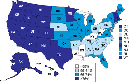 Percent of Children Ever Breastfed by State among Children Born in 2002