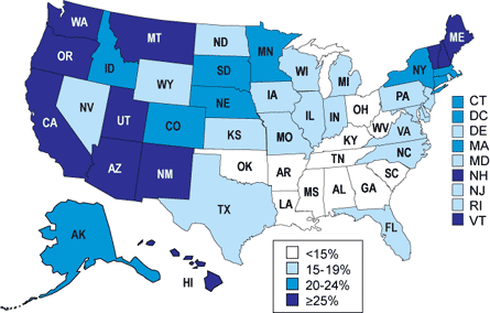 Percent of Children Breastfed at 12 Months of Age by State among Children Born in 2003