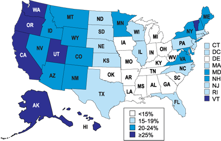 Percent of Children Breastfed at 12 Months of Age by State among Children Born in 2001