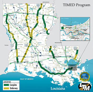 This map of Louisiana shows the status of construction projects funded under the TIMED Program. Sections of highway highlighted in green were complete, and those in yellow were underway, as of February 2005. Source: LTM.