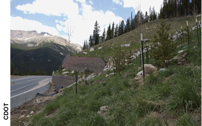 The terraced and revegetated slopes shown here along mountainous U.S. Route 40 in Colorado help reduce erosion and protect streams and the local watershed from sedimentation.