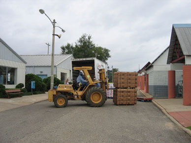 Water, ice, food, and other essentials were rushed to affected populations from this staging area and others set up in advance of each hurricane.